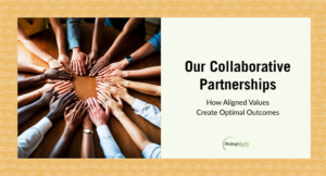 Diverse hands gathered around a table, representing collaborative partnerships built on aligned values.