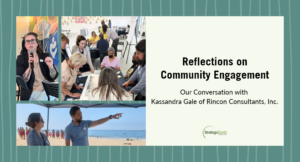 Community engagement scenes with a speaker, a group reviewing materials, and a beachside conversation. Text reads “Reflections on Community Engagement.”